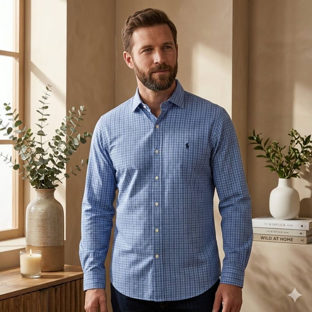 Polo Ralph Lauren Shirt Mens M Blue Plaid Long Sleeve Button Up Pony Cotton